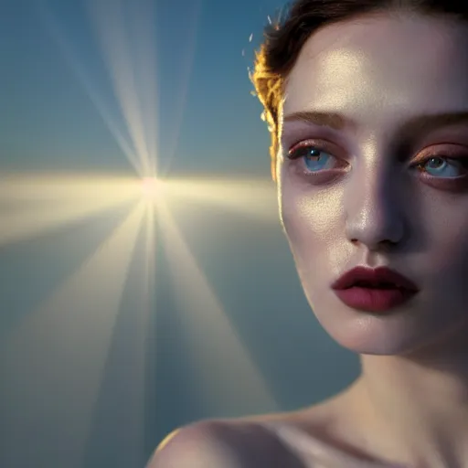 Prompt: photographic portrait of a stunningly beautiful renaissance female, white lips and dark eye shadow, in soft dreamy light at sunset, god rays, contemporary fashion shoot, by edward robert hughes, annie leibovitz and steve mccurry, david lazar, jimmy nelsson, breathtaking, 8 k resolution, extremely detailed, establishing shot, artistic, hyperrealistic, perfect face, octane render