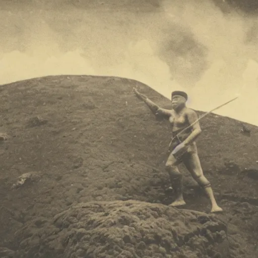 Prompt: historical picture of japanese soldier swimming on indonesian lava mountain, in hd picture, and photorealism, with detail image and description