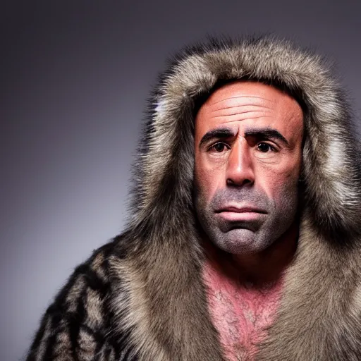 Prompt: Photo portrait Joe Rogan as a wax neanderthal cave man exaggerated brow wrapped in fur cloak in the national science museum background dramatic lighting 85mm lens by Steve McCurry