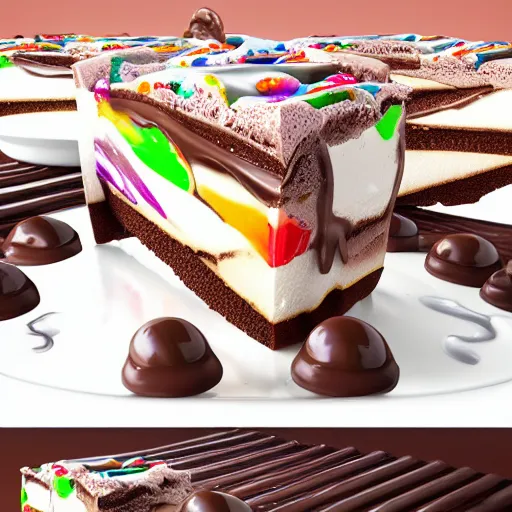 Image similar to a jello chocolate candy lollipop snickers bar icecream cake muffin jaffa marshmallow nougat waffle candy gummy jelly sandwich, volumetric lighting, octane render, unreal engine, 8k, hd, perfect, decadent, maple syrup, drizzled chocolate sauce, smothered in melted chocolate, covered in sprinkles, highly detailed, stroopwaffel