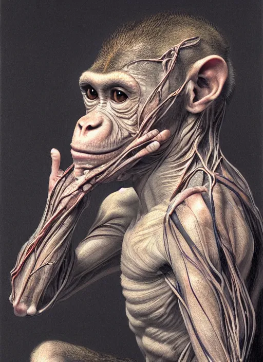 Prompt: portrait of a monkey with translucent skin, visible muscles and veins and arteries and bones and spines and nerves, beautiful detailed intricate insanely detailed octane render, 8 k artistic photography, photorealistic, chiaroscuro, by david cronenberg, raphael, caravaggio