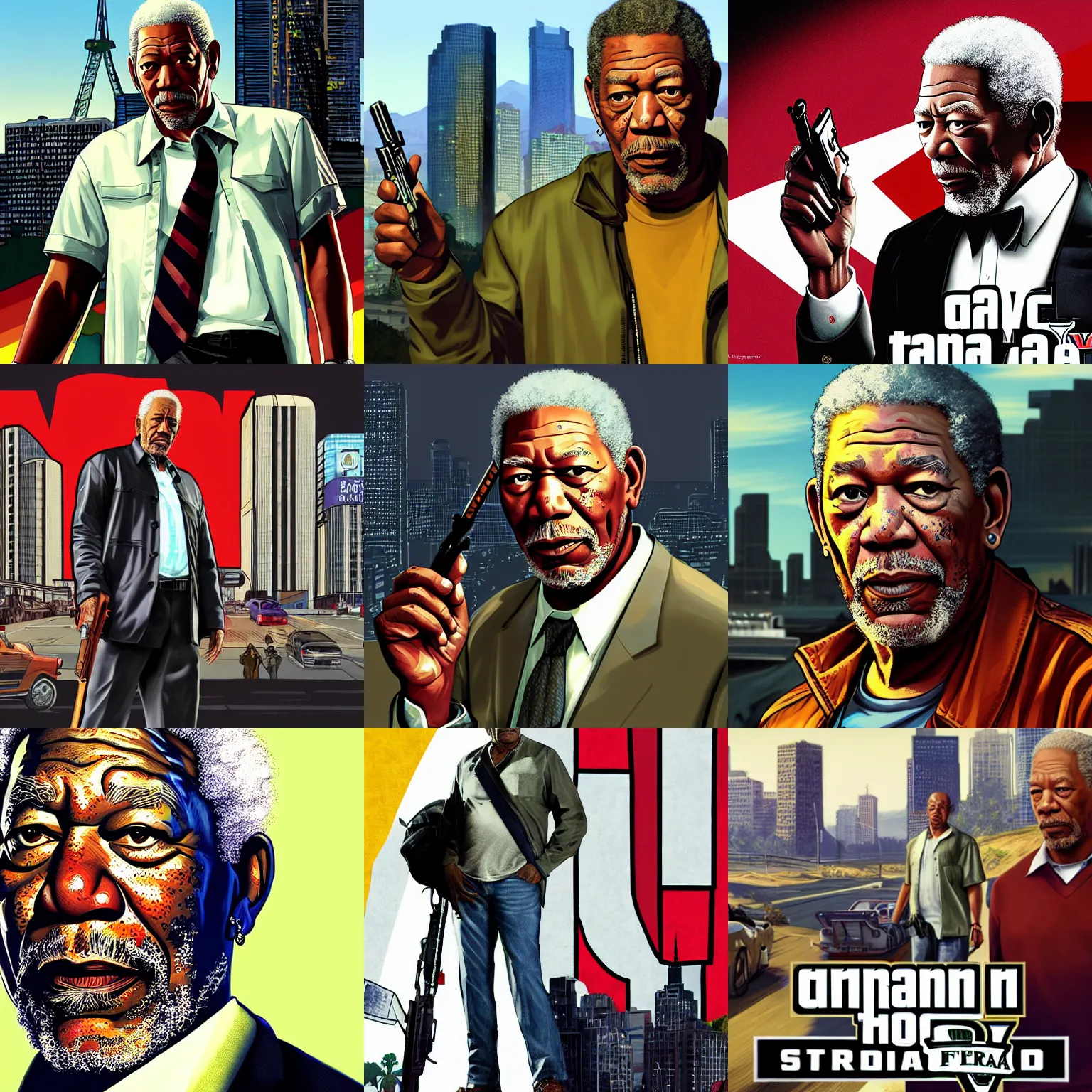 Prompt: morgan freeman in gta v promotional art by stephen bliss, no text