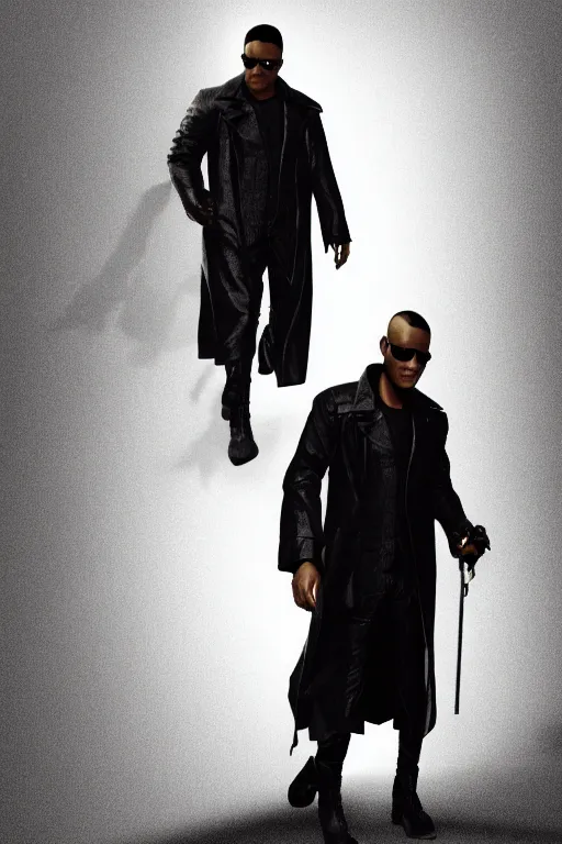 Prompt: a digital photograph of morpheus, played by a 2 5 year old lawrence fishburne, as he returns to the matrix, wearing sun glasses and black leather trench coat, the matrix symbols are ll around him, digital photograph, extremely detailed, dark lighting, sharp focus, unreal engine, concept art, 8 k