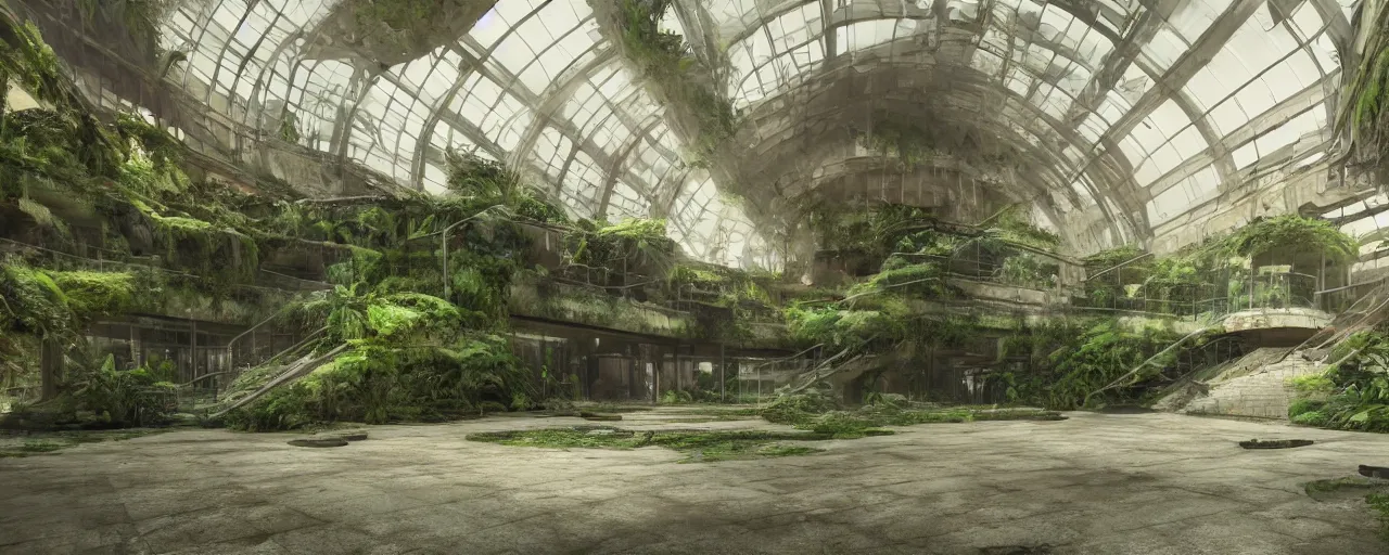Image similar to inside abandoned mall with escalator and walls having moss and ferns 8 k uhd, unreal engine, octane render in the artstyle of finnian macmanus, john park and greg rutkowski