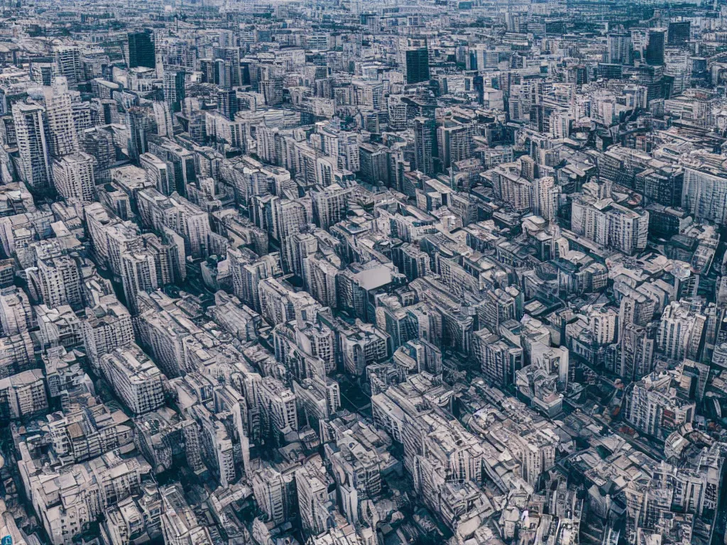 Prompt: drone view of a city, Brutalist architecture 4k