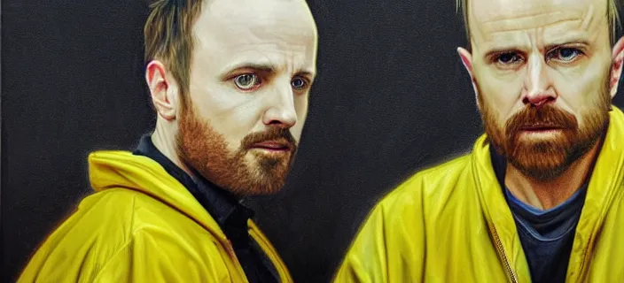 Image similar to an ultra detailed beautiful oil painting of jesse pinkman and heisenberg from breaking bad, both with a yellow lab coat, the school of athens by raphael