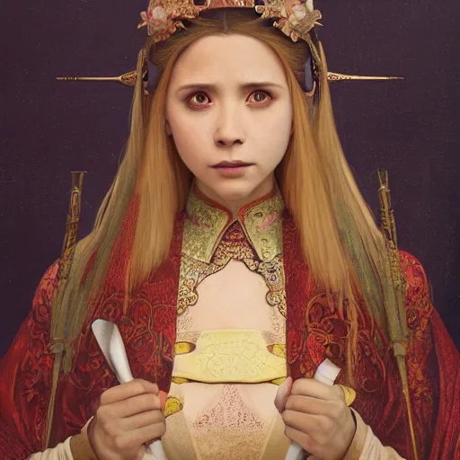 Image similar to a highly detailed portrait of buffy the vampire slayer as a medieval chinese princess, beautiful detail and color, art by john collier and albert aublet and krenz cushart and artem demura and alphonse mucha, volumetric lighting, octane render, 4 k resolution, matte, sharp focus, illustration, art by greg rutkowski and alphonse mucha