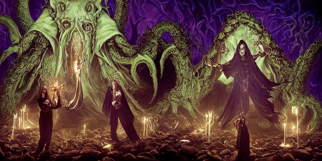 Image similar to photorealistic necromancer priest in an invoking ritual in front of a giant cthulhu in a large landscape, intricate, elegant, glowing lights, art by david lachapelle, photography by annie leibovitz