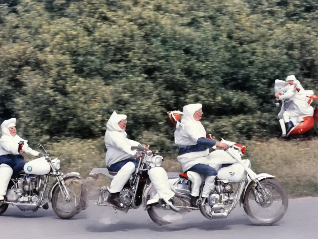 Image similar to a martin parr photo of a grandpa couple, wearing michelin man white body costumes, going super fast on a motorbike, 1 9 7 0 s kodachrome colour photo, flash on camera,