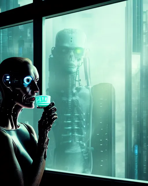 Image similar to a terminator cyborg lady with borg implants is drinking coffee near a window with dystopian city visible outside. tiny green led lights in her cybernetics. very detailed 8 k. horror cyberpunk style.