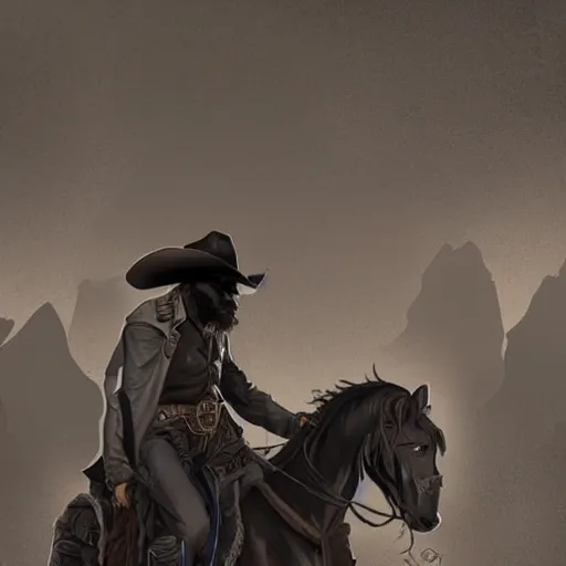 Image similar to Nicholas, the cowboy in the weird west, long dark hair, facial hair, long coat, grey horse, riding in the town of Doom, demons waiting in the background, dark fantasy, digital art, high detailed, pinterest