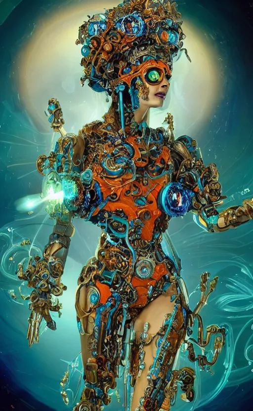 Prompt: a young beautiful hispanic metal android with a large glowing orange crystal in the center of her chest, full-body bronze cyberpunk style statue of Andromeda with glowing blue laser eyes, crown of mechanical chrysanthemums, flowing aqua silk, fabric, steampunk flowers. baroque elements, human skull. full-length view. baroque element. intricate artwork by caravaggio. many flying horses on background. Trending on artstation, octane render, cinematic lighting from the right, hyper realism, octane render, 8k, depth of field, 3D