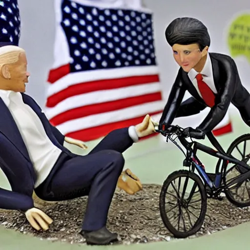Prompt: joe biden falls down with a bicycle diorama
