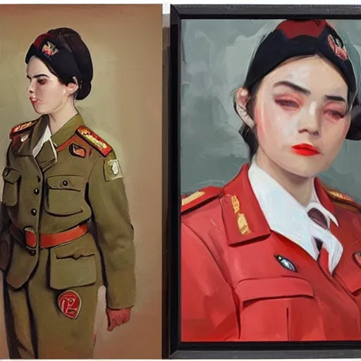 Image similar to oil paining of twentytwo year old female character with cat ears wearing soviet era uniform, wearing a tshirt with a face of karl marx on it, in the style of krenz cushart
