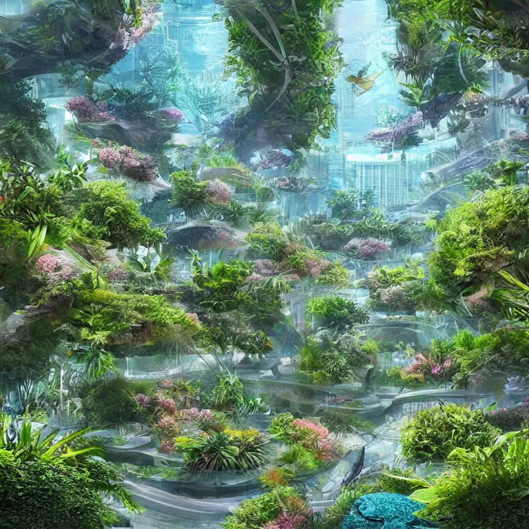 Image similar to Beautiful city of the future, overgrown with trees and plants. An aquarium. Beautiful artistic digital artwork by artist Lurid. (2022)