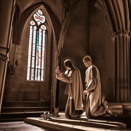 Image similar to angel protecting man who is praying inside a gothic church, cinematic style, 4K highly detailed, light studio style