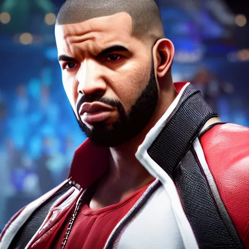 Image similar to a videogame still of Drake in Tekken 7, portrait, 40mm lens, shallow depth of field, close up, split lighting, cinematic