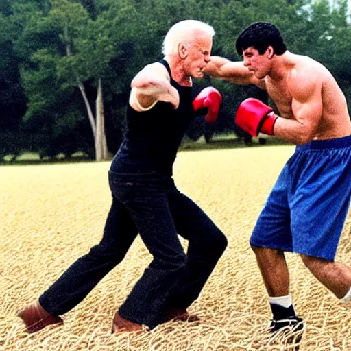 Prompt: rocky balboa punching joe biden in the middle of a corn maze