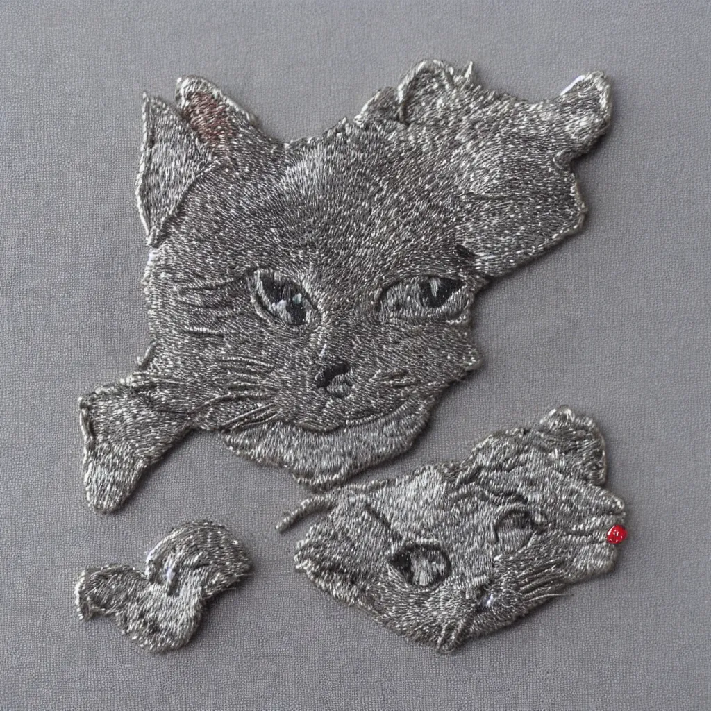 Image similar to Silver embroidered cat brooch, realistic, clean,