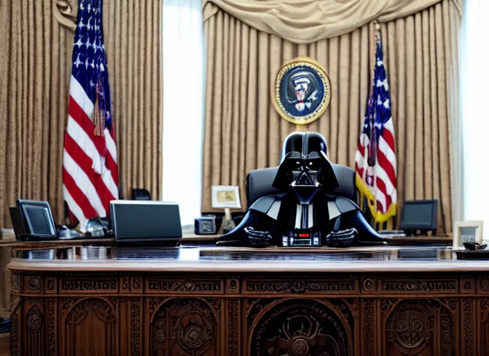 Prompt: film still of Darth Vader is president of the United States sitting in the Oval Office in the new Star Wars movie, 4k