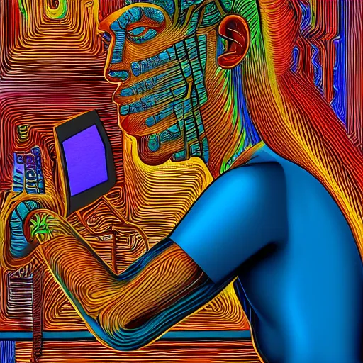 Image similar to a human/computer system, a side-view of a person sitting on their desk programming by Alex Grey, highly detailed, 8K