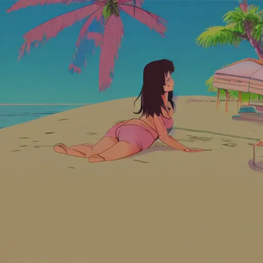 Prompt: girl laying in the sand next to ocean in sunset, sprite, vaporwave nostalgia, directed by beat takeshi, visual novel cg, 8 0 s anime vibe, kimagure orange road, maison ikkoku, initial d, sketch by osamu tezuka, directed by hideki anno, wallpaper, ultra hd, vlc screenshot