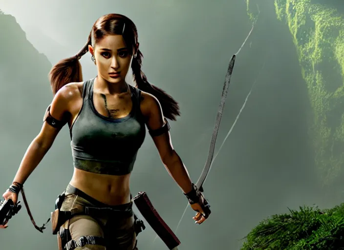 Prompt: film still of!!!! ariana grande!!! as lara croft in new tomb raider movie, 8 k