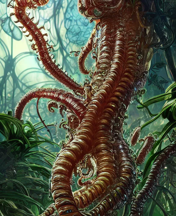 Image similar to intricate ornate opulent transparent clear see - through portrait of a terrifying ugly male alien centipede, mottled coloring, adorable, childlike, overgrown jungle environment, ultra realistic, concept art, art nouveau, photorealistic, octane render, 8 k, unreal engine. art by christopher marley and artgerm and greg rutkowski and alphonse mucha