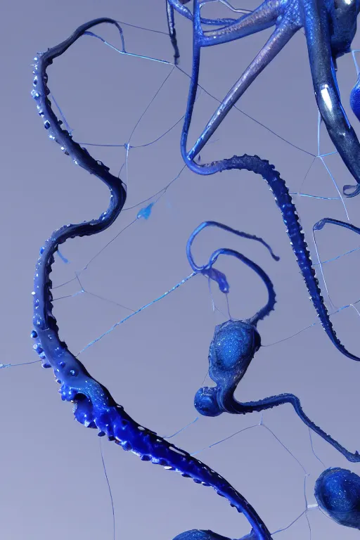 Image similar to hyperrealism, bacteriophage infection of human cells, methylene blue, squid ink morphology, a viral infection that my cells just can't defeat, high resolution, 4 k, cinematic