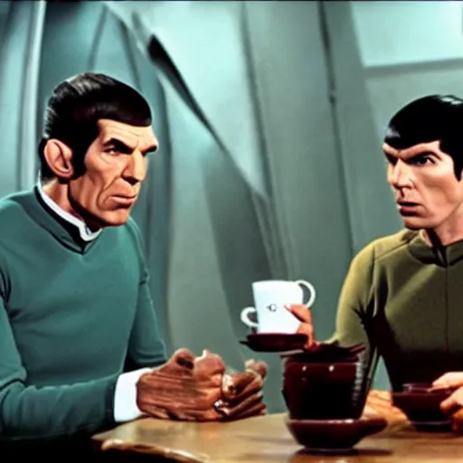 Image similar to photo of mr spock drinking coffee with a klingon, cinematic, movie still