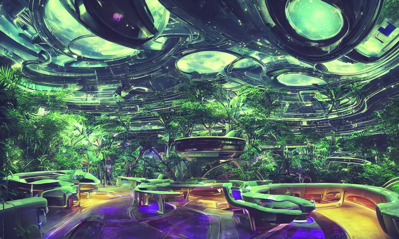 Prompt: interior shot of paradise inside of a spaceship for humans in deep space, night club vibes, futuristic comfortable wooden homes and walkways, celestial objects in the background, spaceship containing every tool for survival, natural, green plants, water features, waterfalls, neon lights, holograms, epic cinematic composition, vibrant colors, fine details, hyperrealism, photograph