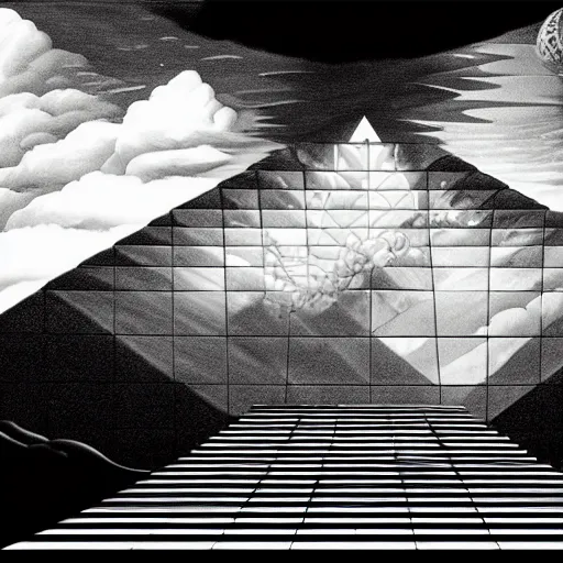 Image similar to A black and white freemasonic chequered surrealist digital painting of a stairway to into the clouds in the art style of jeff koons, Gilbert williams, Edwin Frederic Church and Christopher Balaskas, trending on artstation, 4k UHD