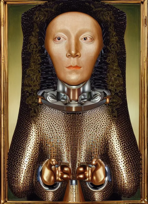 Image similar to a portrait of a shiny metallic renaissance robot, in the style of Jan van Eyck,