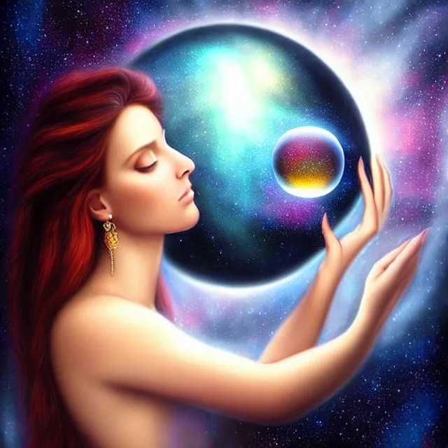 Image similar to beautiful!! mystic with a crystal ball that has a galaxy inside artgerm anne stokes highly detailed 8 k hdr smooth sharp focus high resolution award - winning photo photorealistic