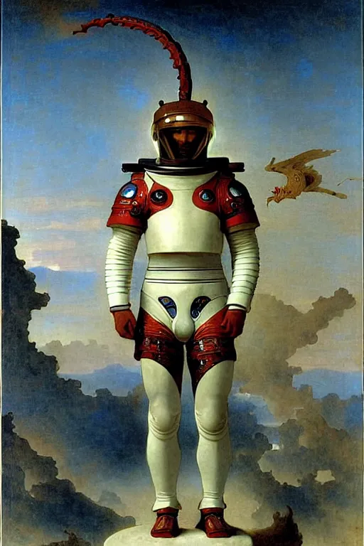Image similar to a astronaut his haed is chinese dragon head, in armor and helmet, by bouguereau