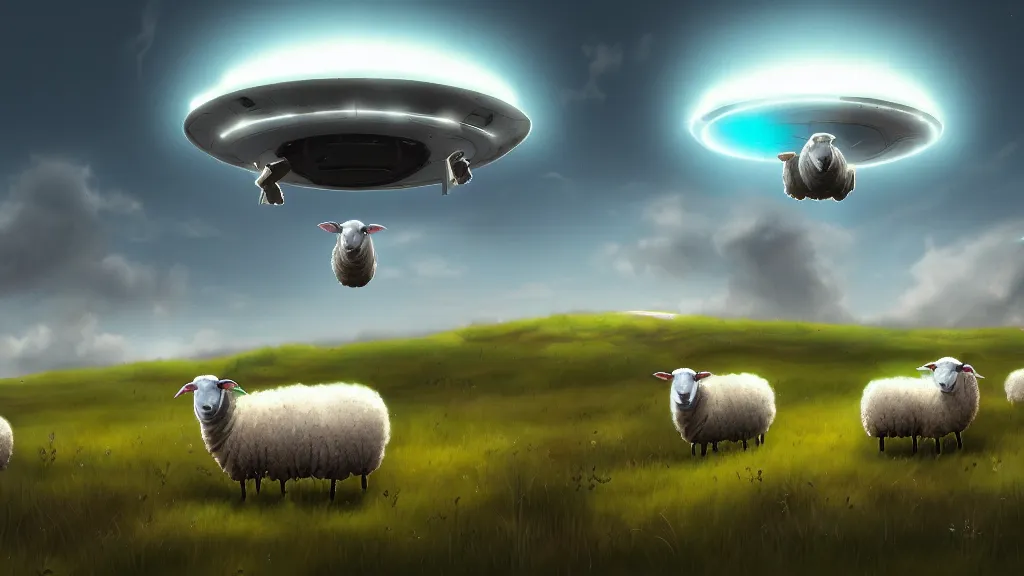 Prompt: sheep in a field being abducted by a ufo!, horror cartoon, hyper energy, punk aesthetic, highly detailed, digital painting, artstation, concept art, sharp focus, illustration,
