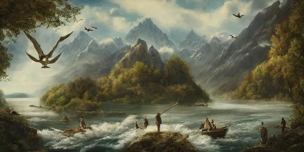 Image similar to A majestic landscape featuring a river, mountains and a forest. A small group of birds is flying in the sky. there is a group of man carrying a boat above their heads. Cinematic, very beautiful, painting in the style of Lord of the rings