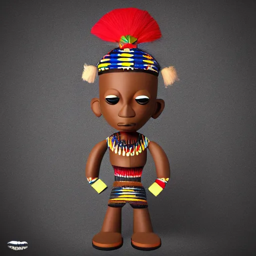 Image similar to african tribal chief vinyl art toy, detailed product photo, 3 d render, magazine collage