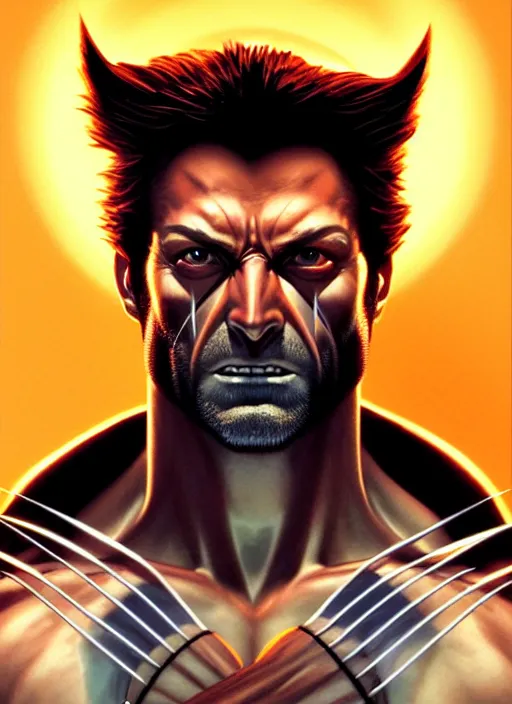 Image similar to symmetry portrait of wolverine from x - men : the animated series ( 1 9 9 2 ), glowing lights, intricate, elegant, highly detailed, digital painting, artstation, concept art, smooth, sharp focus, illustration, art by artgerm and greg rutkowski and alphonse mucha