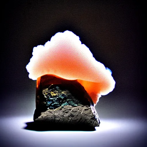 Image similar to light refraction from a mineral rock, in a dark studio room. magical-like style. Some burning smoke coming out of it. Photography from Mineral auctions, mineral collections, rare mineral. rare raw metal.