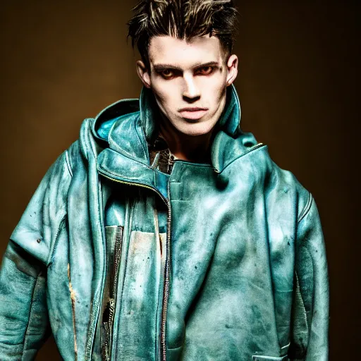 Prompt: an award - winning closeup photo of a male model wearing a baggy teal distressed medieval leather menswear jacket by boris bidjan saberi, 4 k, studio lighting, wide angle lens