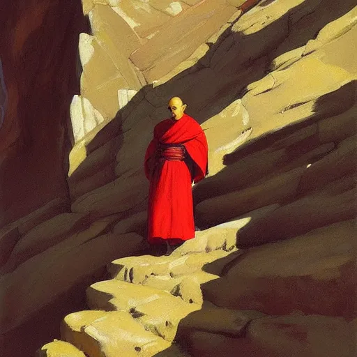 Prompt: sienna portrait of the astute monk crimson robe climbing the treacherous mountain stairway to the monastery jamie wyeth james gilleard edward hopper greg rutkowski acrylic painting