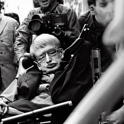 Prompt: stephen hawking with a rocket launcher blowing up terrorists