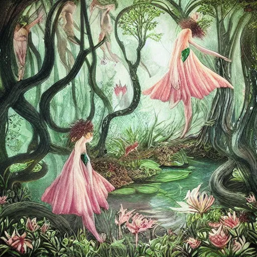 Image similar to “ forest nymphs frolicking whimsically, hyperdetailed, realistic, fantastical ”