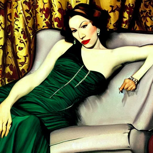 Prompt: portrait of write diva clarice lispector reclining on the sofa, green dress, by j. c. leyendecker, tamara de lempicka