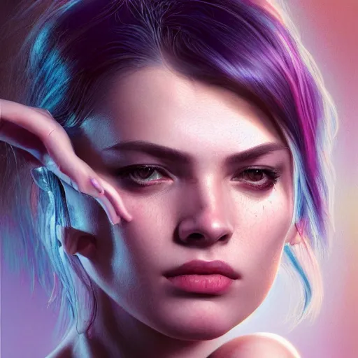 Image similar to half - electric striking woman, complex and hyperdetailed technical, rays and dispersion of light, noise film photo, cute - fine - face, pretty face, oil slick hair, realistic shaded perfect face, extremely fine details, realistic shaded lighting, dynamic background, artgerm, 8 k ultra realistic, highly detailed, carravaggio, craig mullins, alphonse mucha