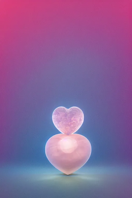 Image similar to A symmetrical shot of a 3D rose quartz faberge egg shaped like a human heart centered in the middle filled with layers of caustic lights and dust explosions, rendered in octane, 8k post-processing , volumetric lighting, light background, shot in 35mm, film grain, soft edges