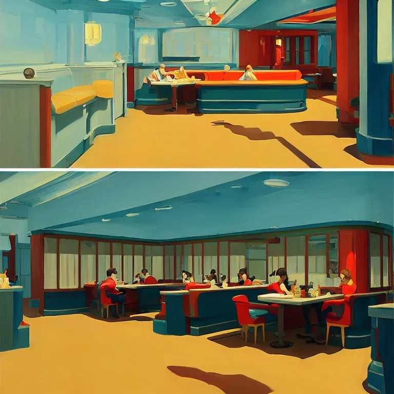 Image similar to inside a diner, painted by Edward Hopper, painted by James Gilleard, airbrush