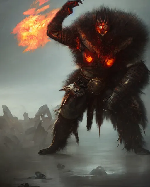 Prompt: oil painting of Angry Anthropomorphized Lama Berserker, wearing fur armor, claws, sharp focus, attack pose, fantasy style, octane render, volumetric lighting, 8k high definition, by greg rutkowski, highly detailed, trending on art Station, magic the gathering artwork, burning Battlefield background, centered