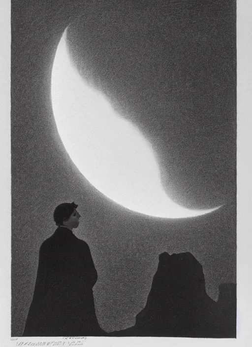 Prompt: a human silhouette observing an eclipse in the distance, painted by caspar david friedrich with high toner xerox halftones